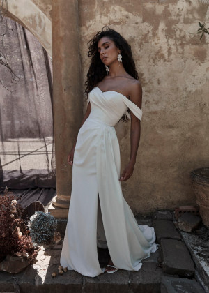 Off Shoulder Ivory Chiffon Slit Minimalist Wedding Dress